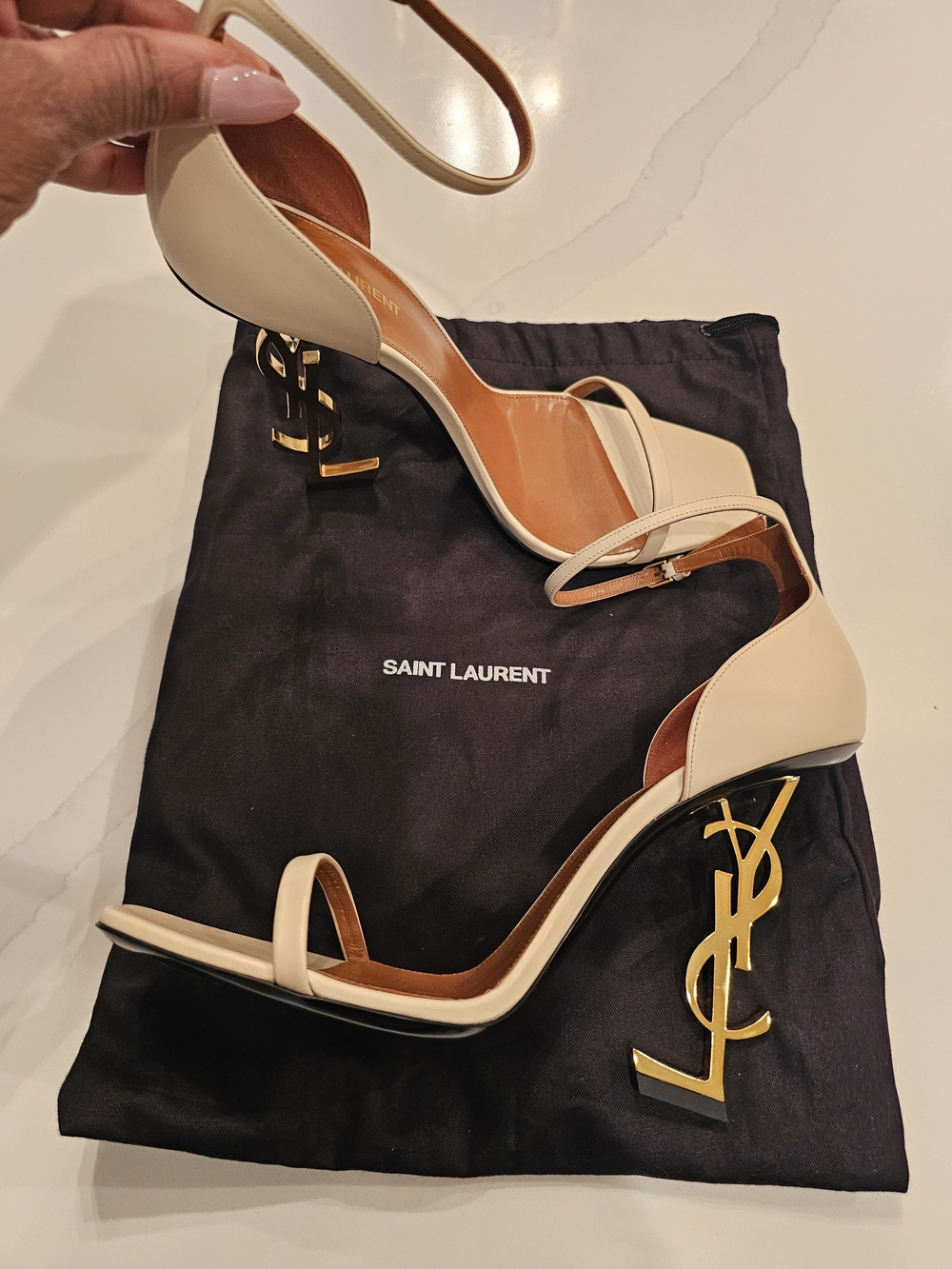 Saint Laurent Cream Opyum Logo Heel Sandals with Gold YSL Heel